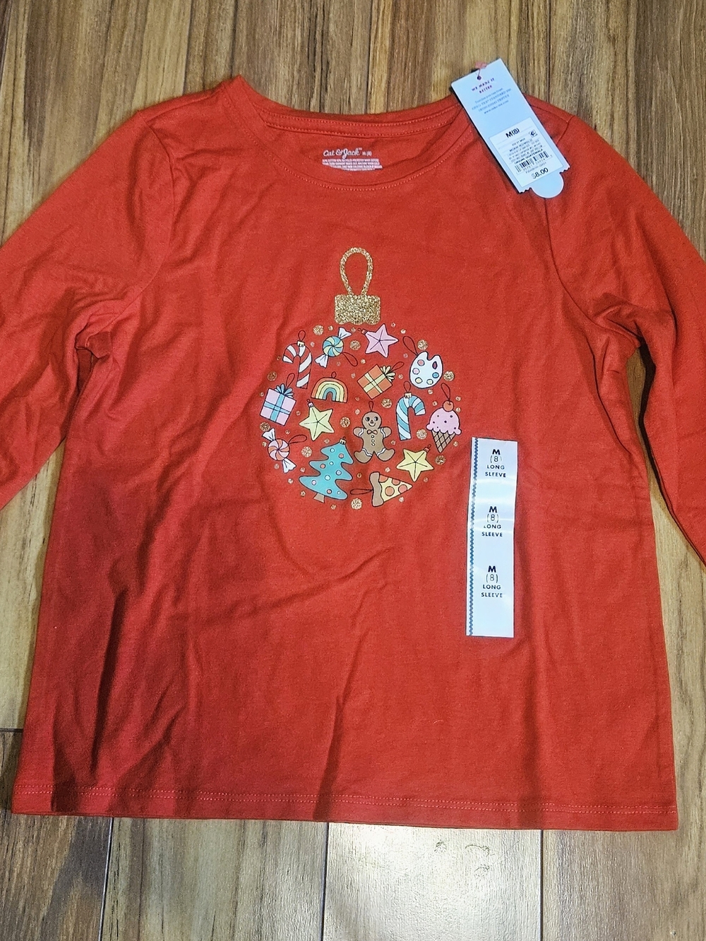 Cat & Jack Red Long Sleeve Shirt with Gold Accent Holiday Ornament Graphic